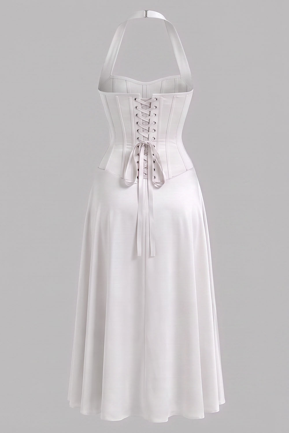 LENORE Halter Corset Maxi Dress in Ivory by Luxe Noir — back view