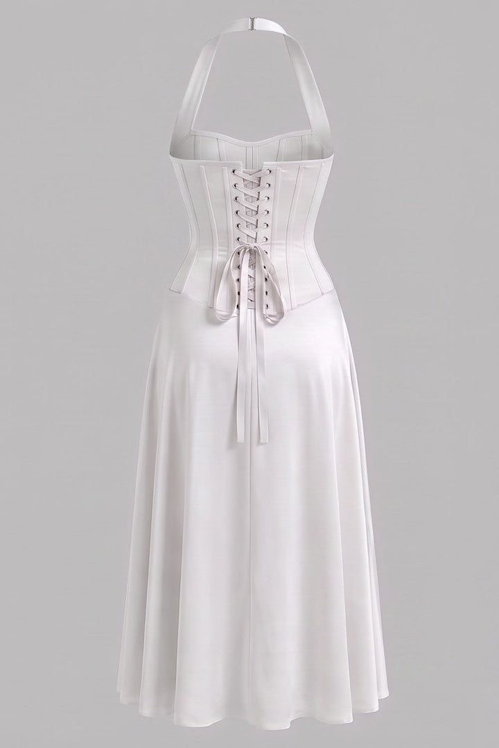 LENORE Halter Corset Maxi Dress in Ivory by Luxe Noir — back view