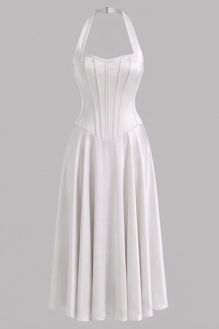LENORE Halter Corset Maxi Dress in Ivory by Luxe Noir — front view