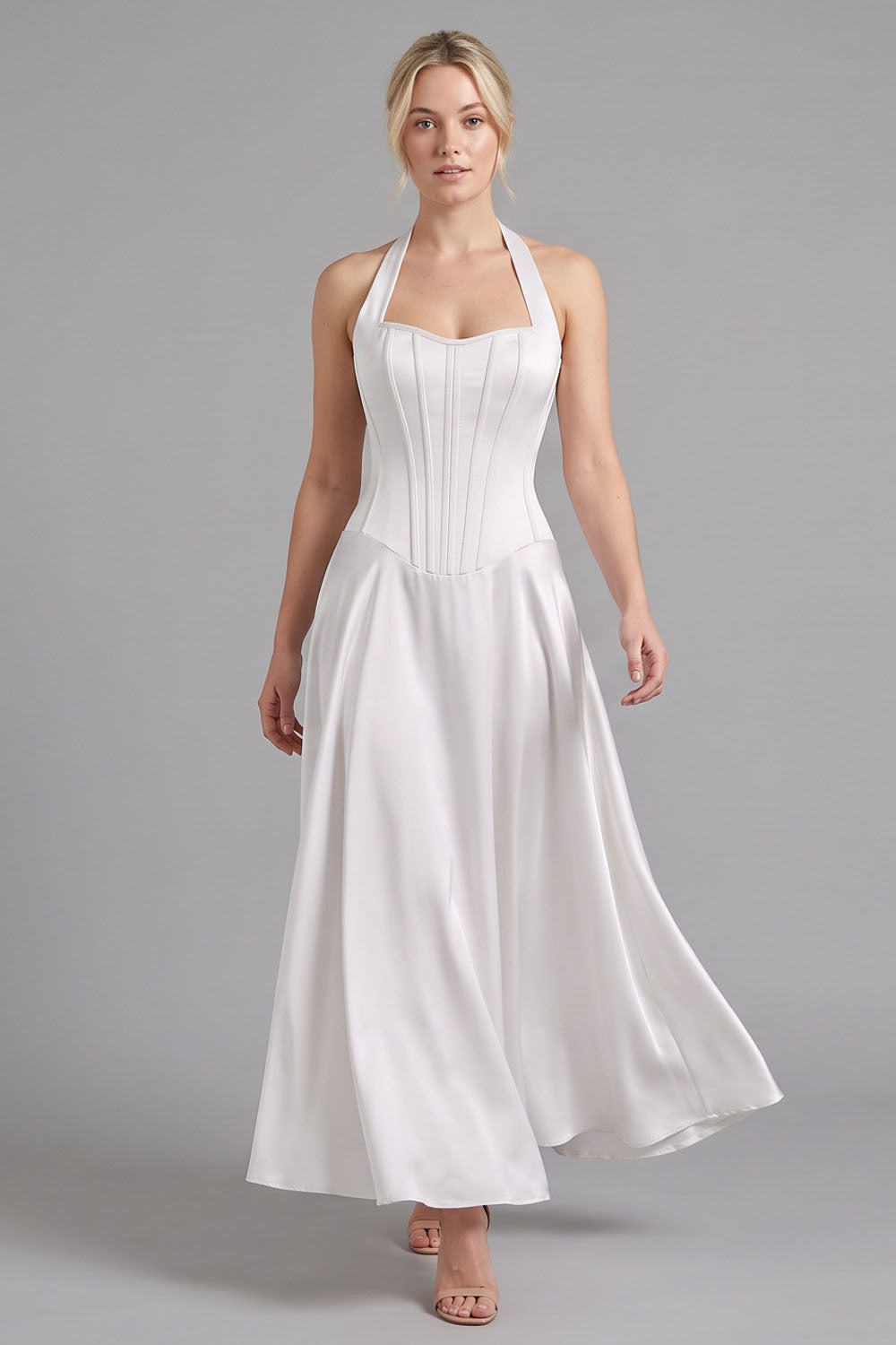 LENORE Halter Corset Maxi Dress in Ivory on model — front view