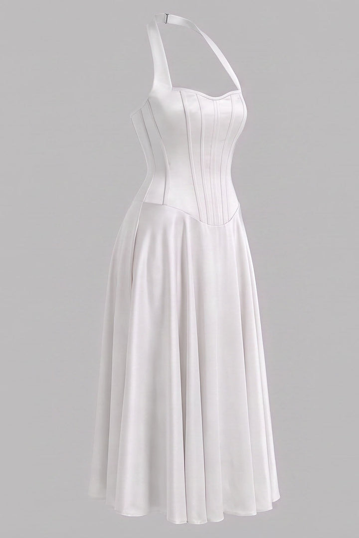 LENORE Halter Corset Maxi Dress in Ivory by Luxe Noir — side view