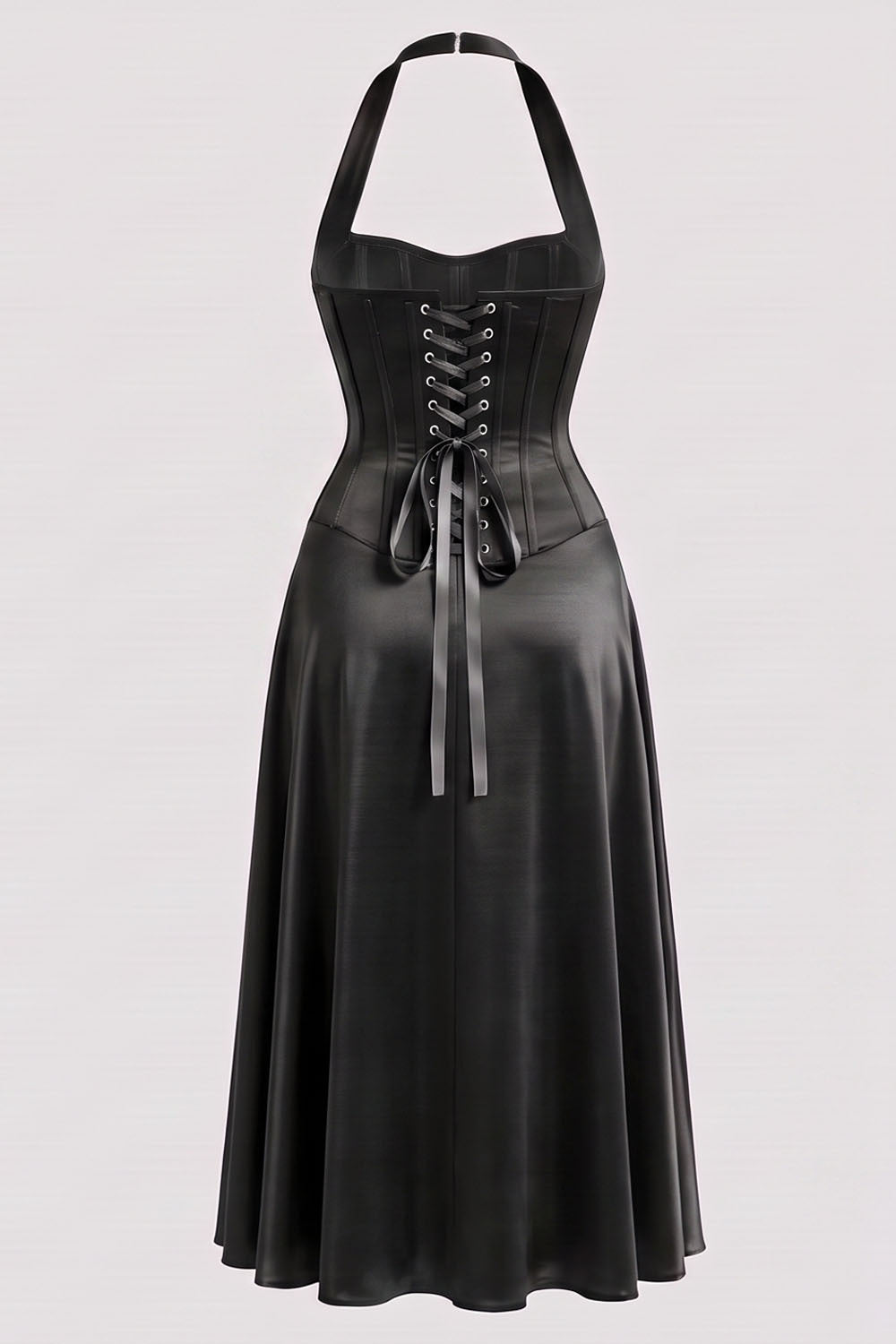 LENORE Halter Corset Maxi Dress in Plum by Luxe Noir — back view