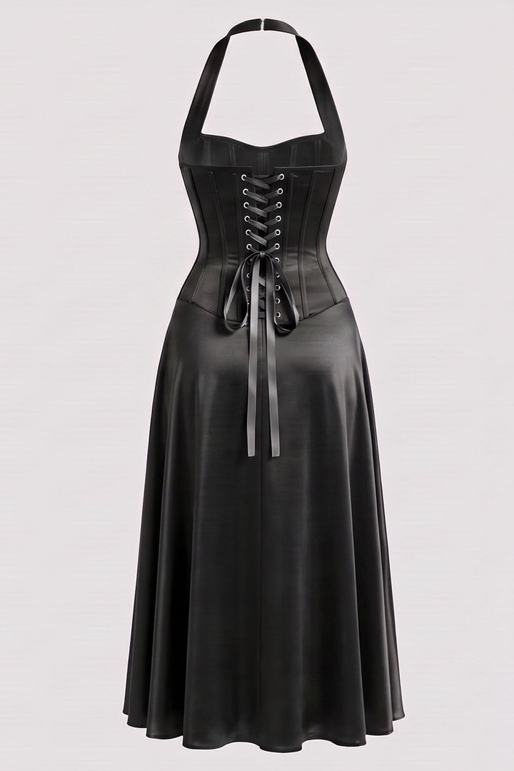 LENORE Halter Corset Maxi Dress in Plum by Luxe Noir — back view
