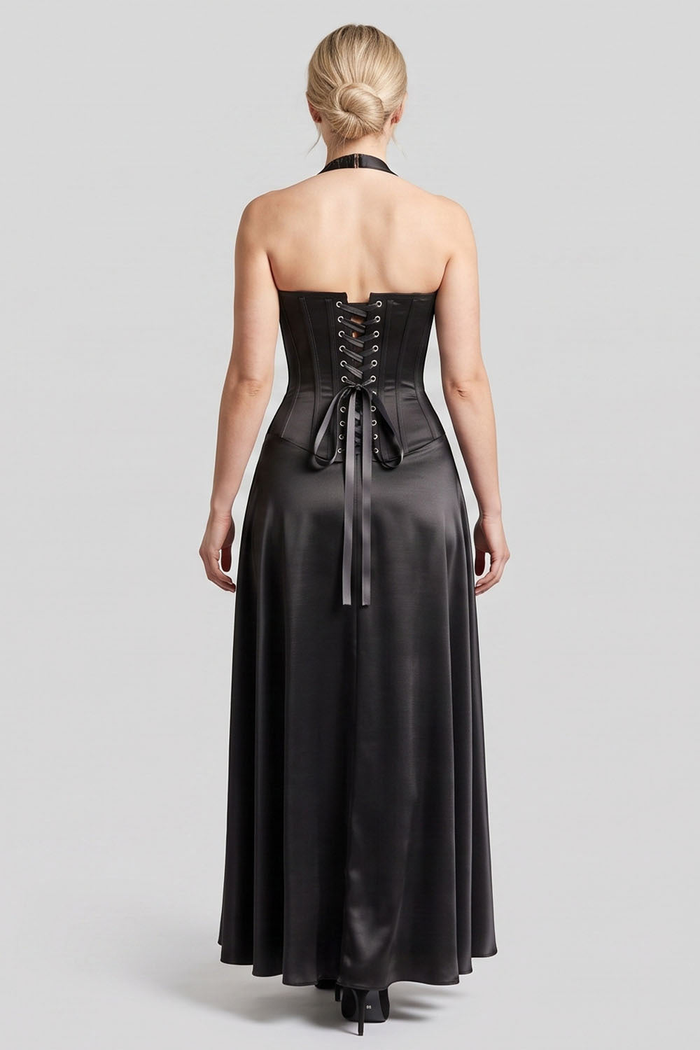 LENORE Halter Corset Maxi Dress in Plum on model — back view