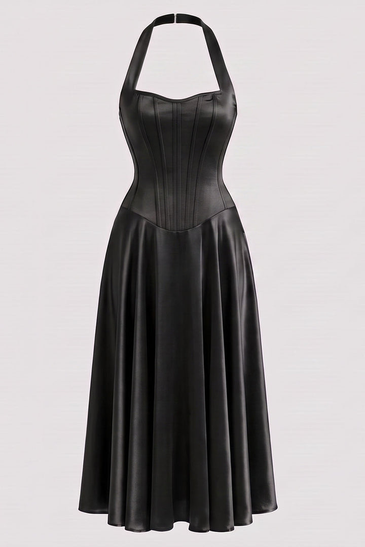LENORE Halter Corset Maxi Dress in Plum by Luxe Noir — front view