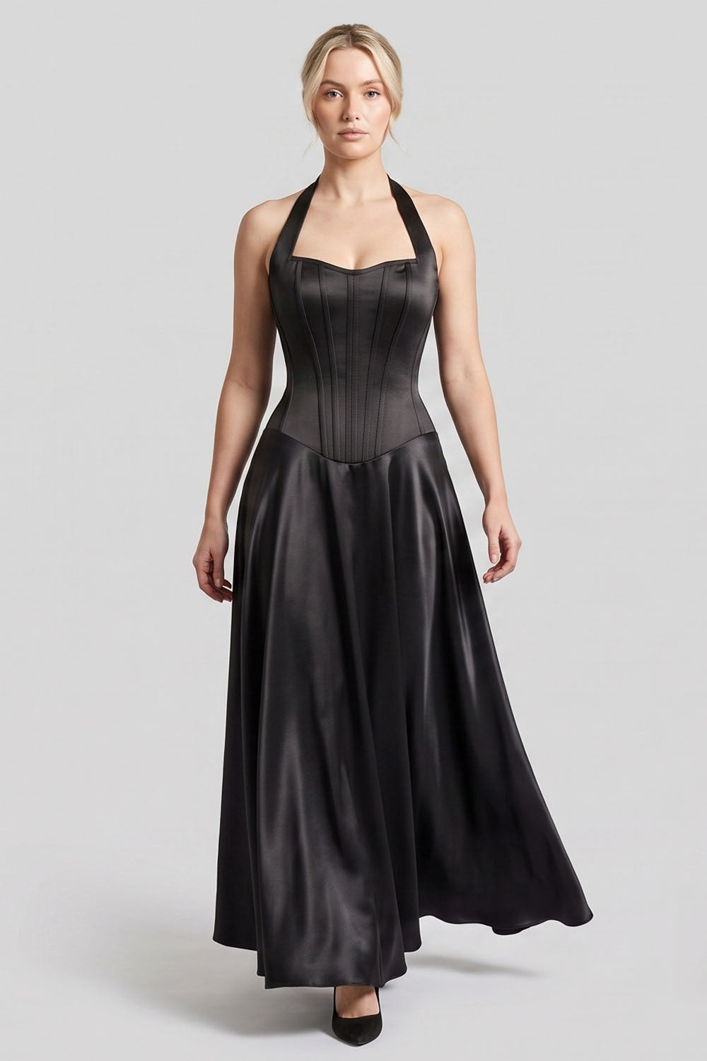 LENORE Halter Corset Maxi Dress in Plum on model — front view