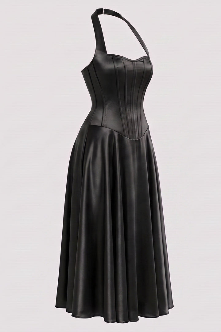 LENORE Halter Corset Maxi Dress in Plum by Luxe Noir — side view