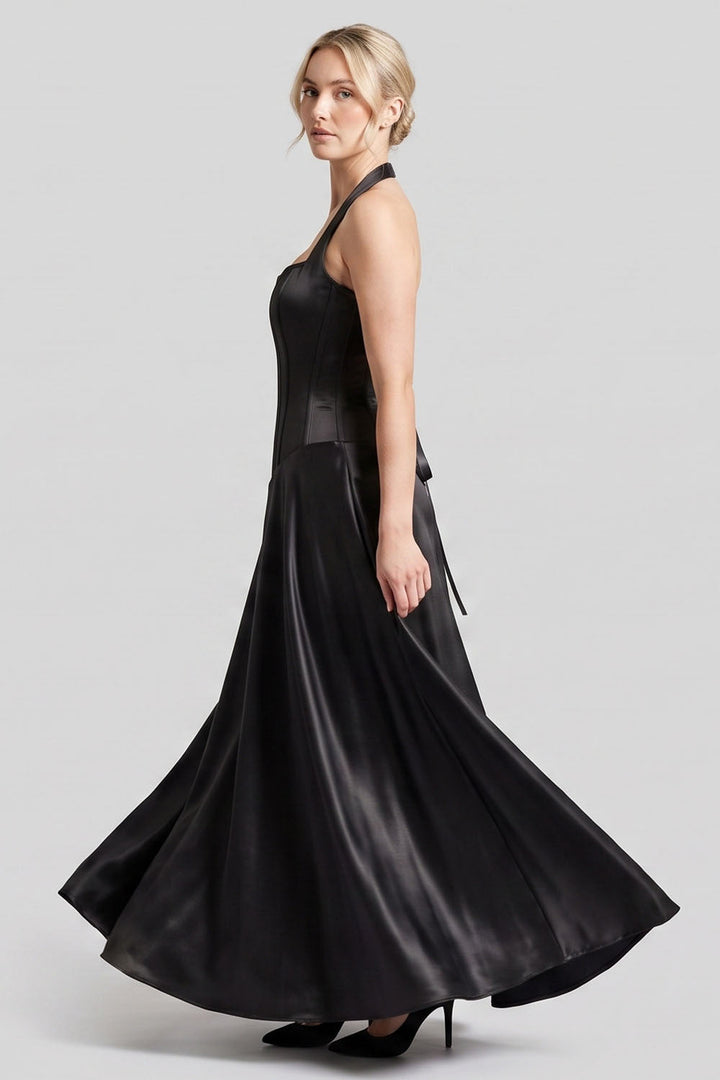 LENORE Halter Corset Maxi Dress in Plum on model — side view