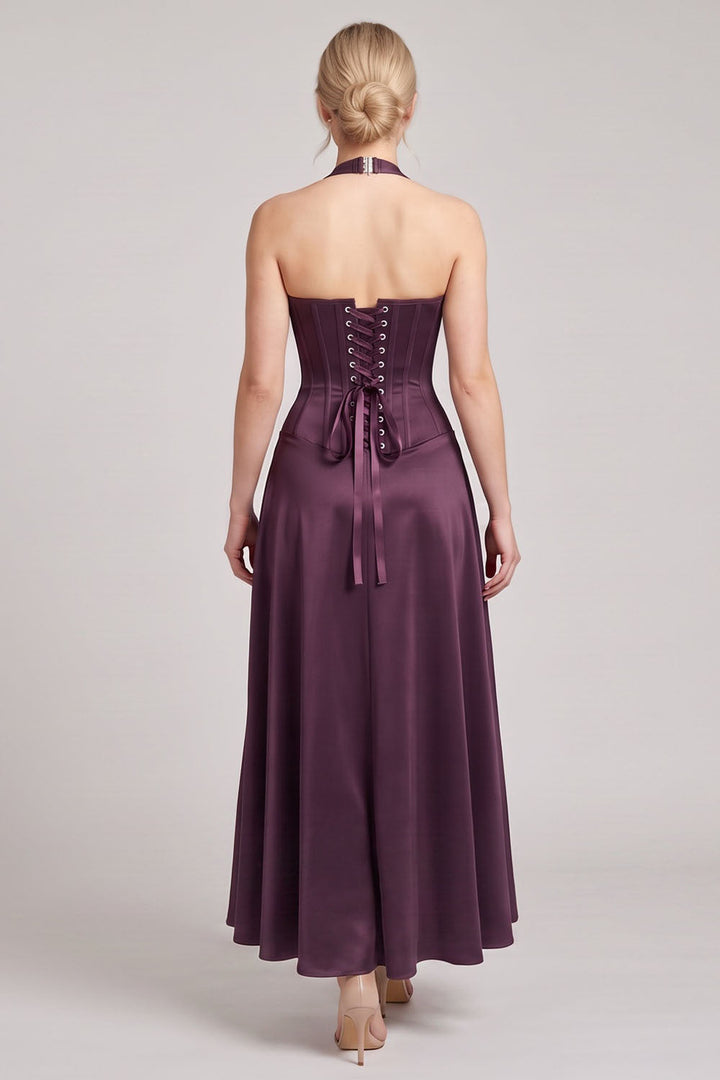 LENORE Halter Corset Maxi Dress in Forest Green on model — back view