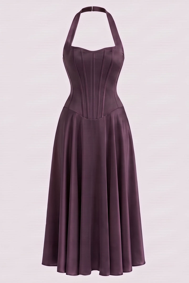 LENORE Halter Corset Maxi Dress in Forest Green by Luxe Noir — front view