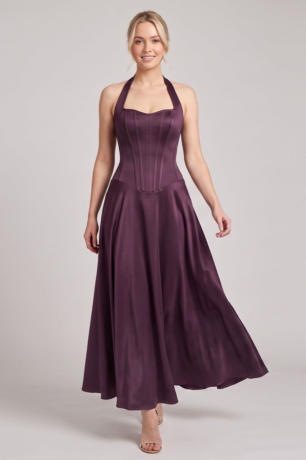 LENORE Halter Corset Maxi Dress in Forest Green on model — front view
