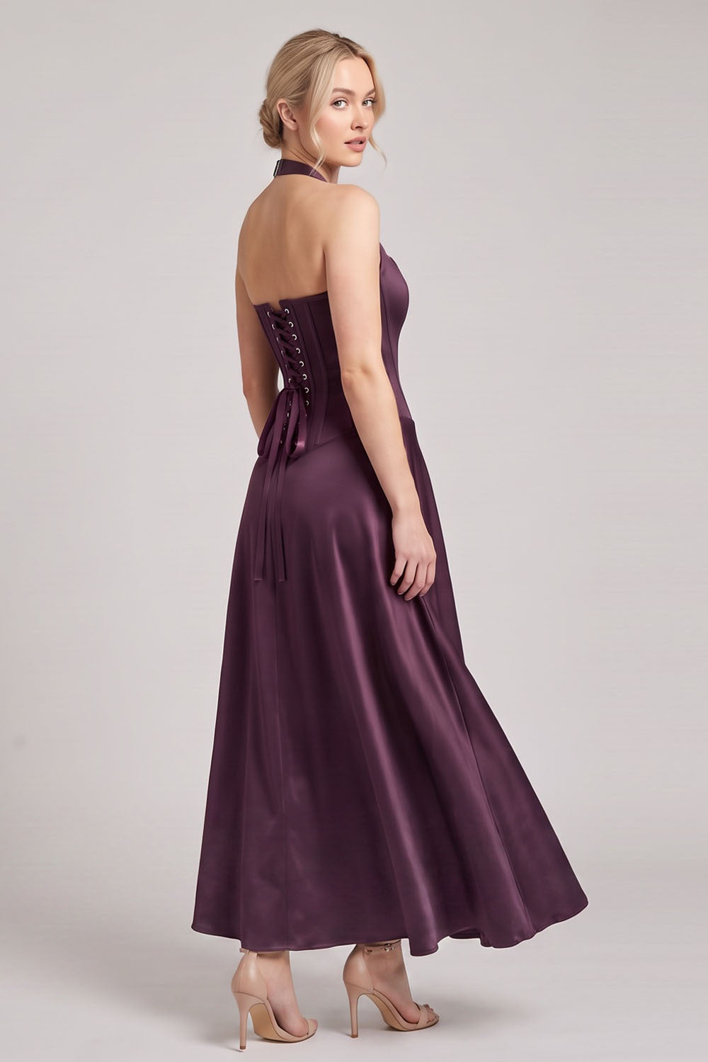 LENORE Halter Corset Maxi Dress in Forest Green on model — side view