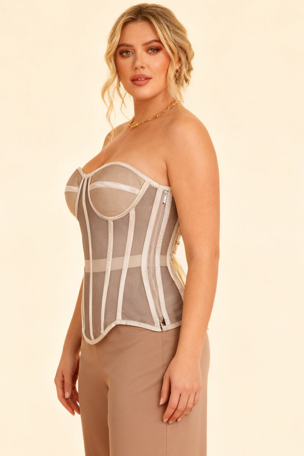 Janaea Nude Mesh Overbust Corset — on-model side view