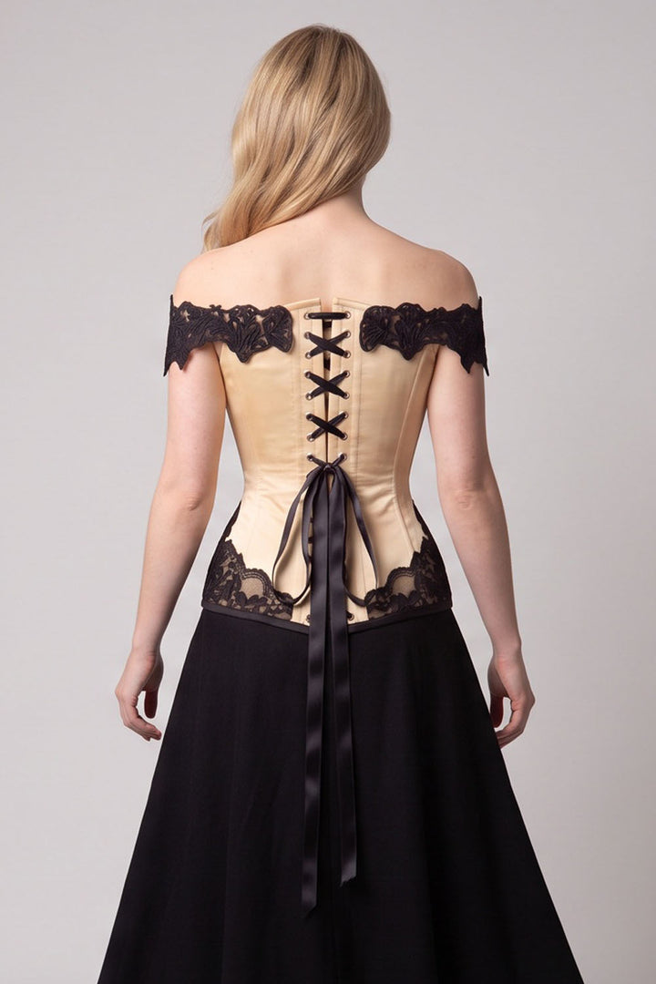 OPHELIA Off—Shoulder Overbust Corset in Jet Black on model — back view