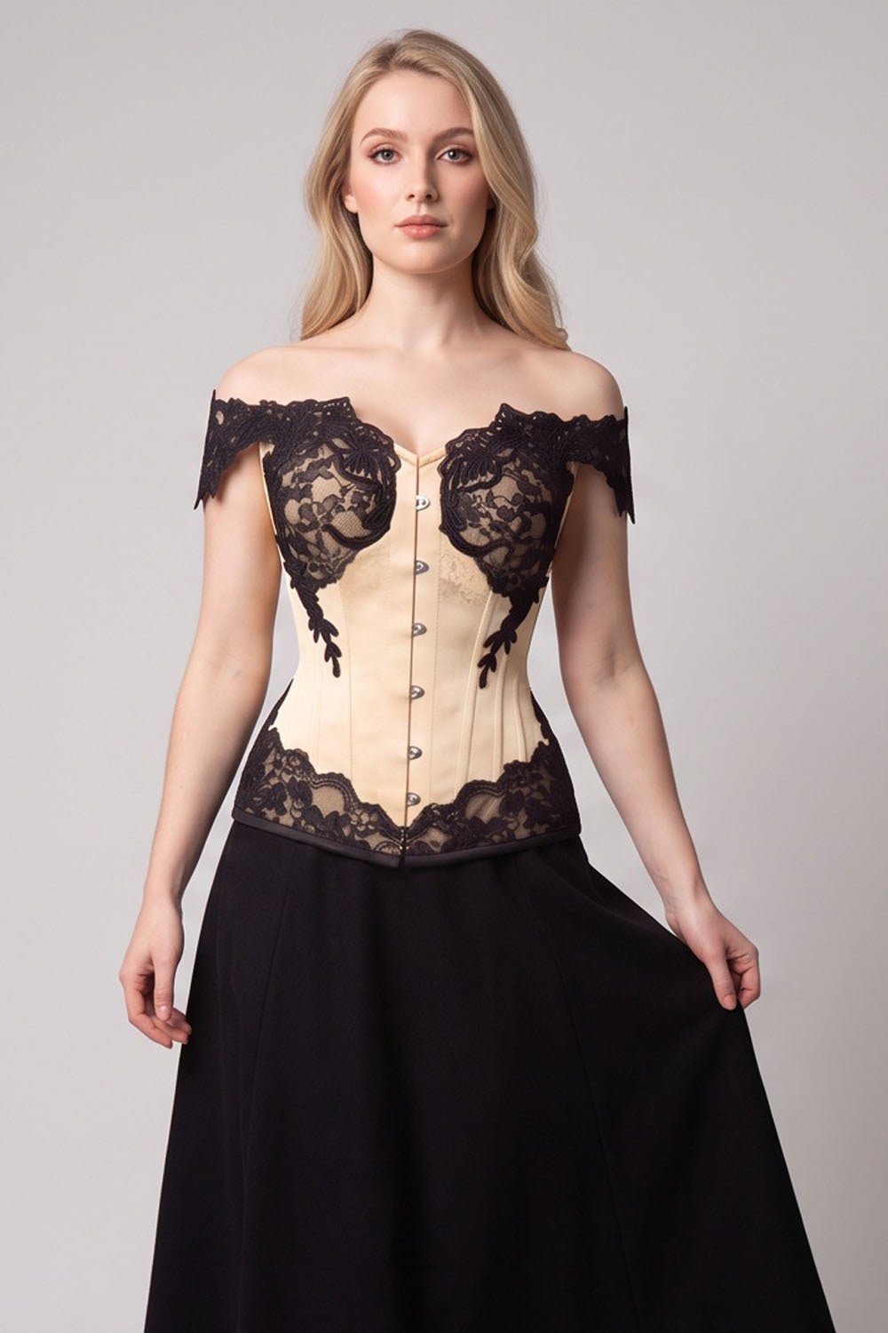 OPHELIA Off—Shoulder Overbust Corset in Jet Black on model — front view