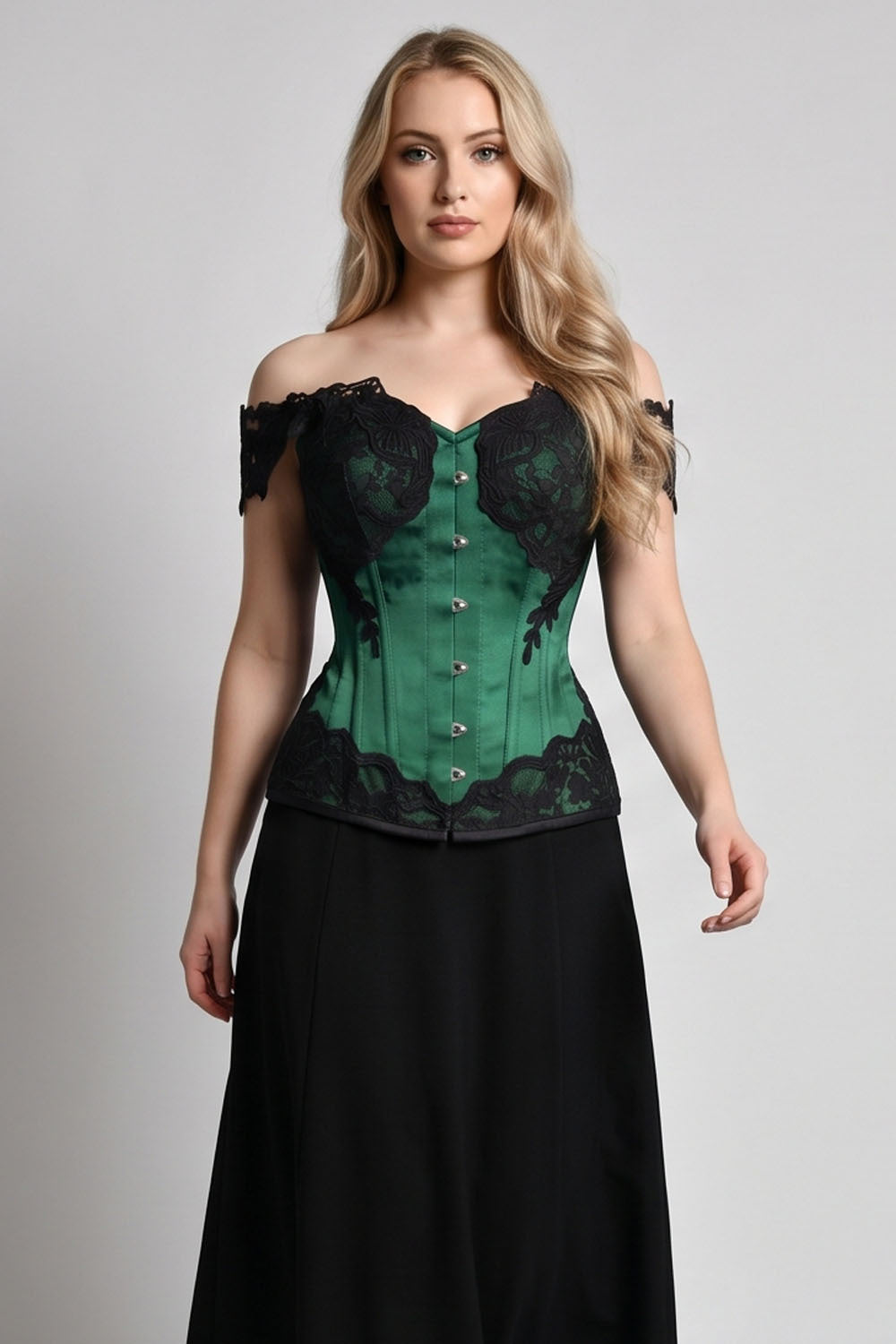 OPHELIA Off—Shoulder Overbust Corset in Butter Nude on model — front view