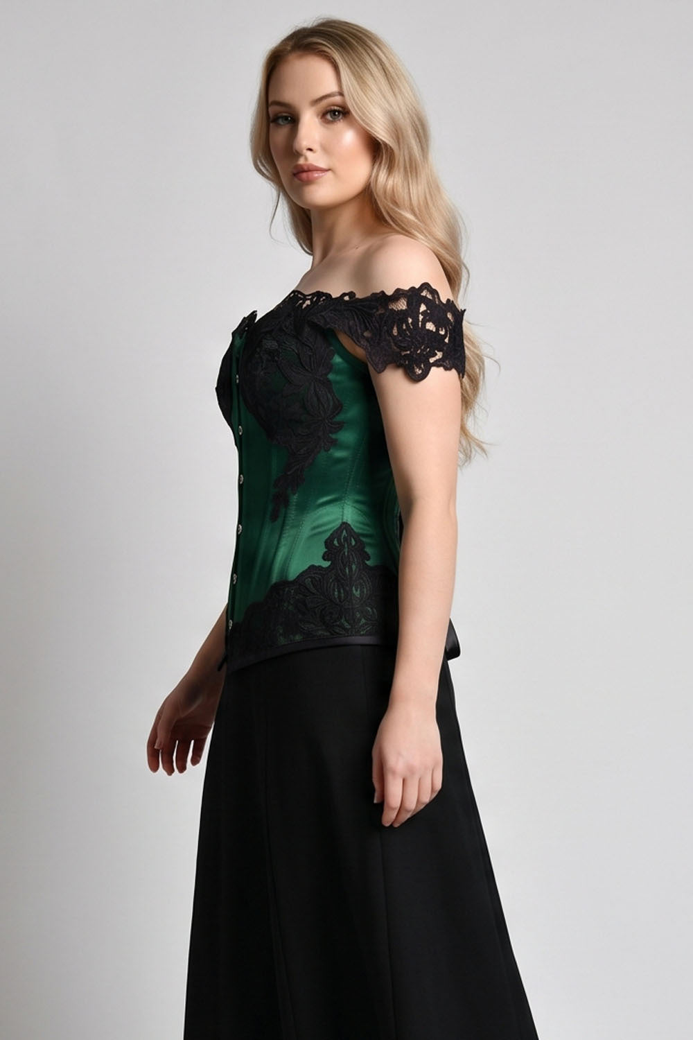 OPHELIA Off—Shoulder Overbust Corset in Butter Nude on model — side view