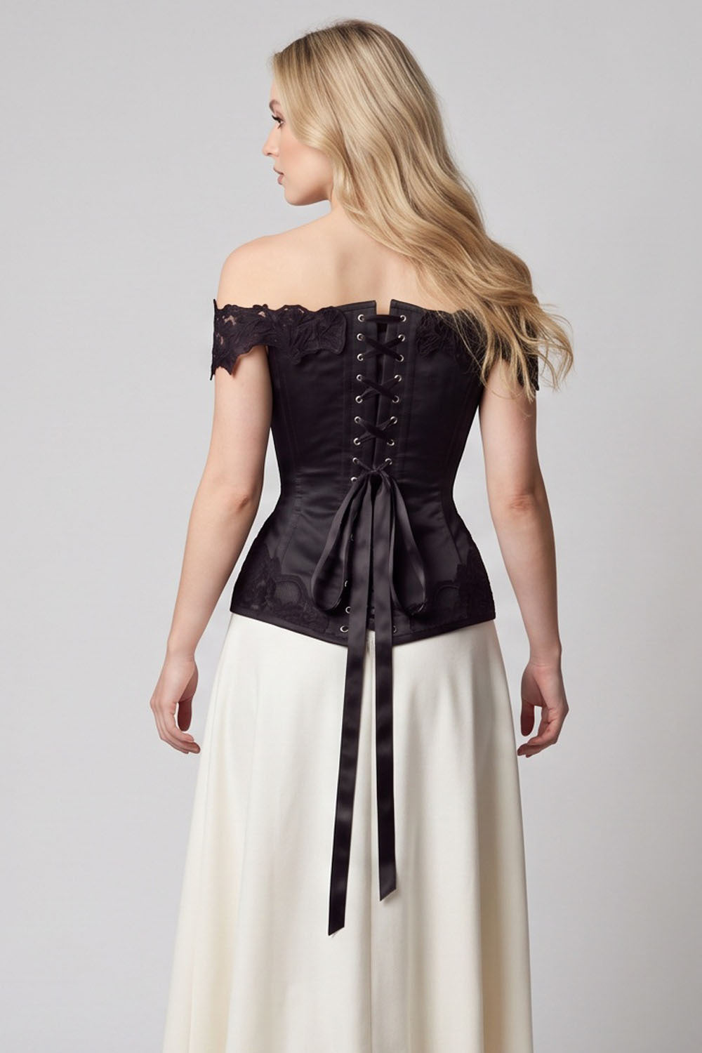 OPHELIA Off—Shoulder Overbust Corset in Blush Pink on model — back view