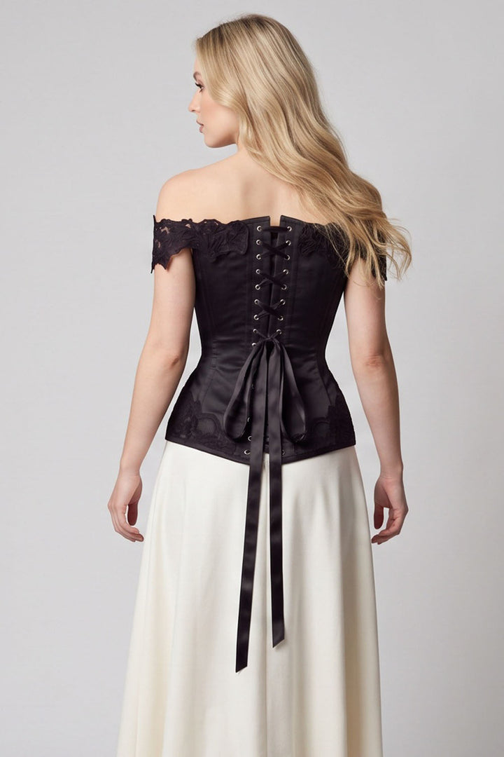 OPHELIA Off—Shoulder Overbust Corset in Blush Pink on model — back view