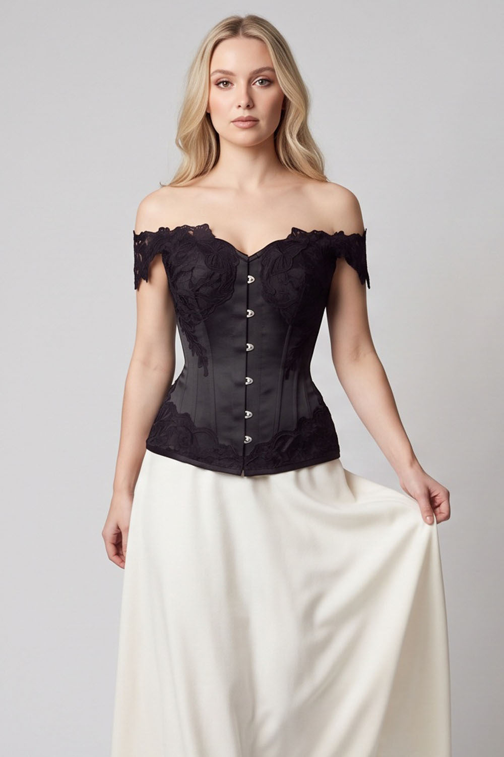 OPHELIA Off—Shoulder Overbust Corset in Blush Pink on model — front view