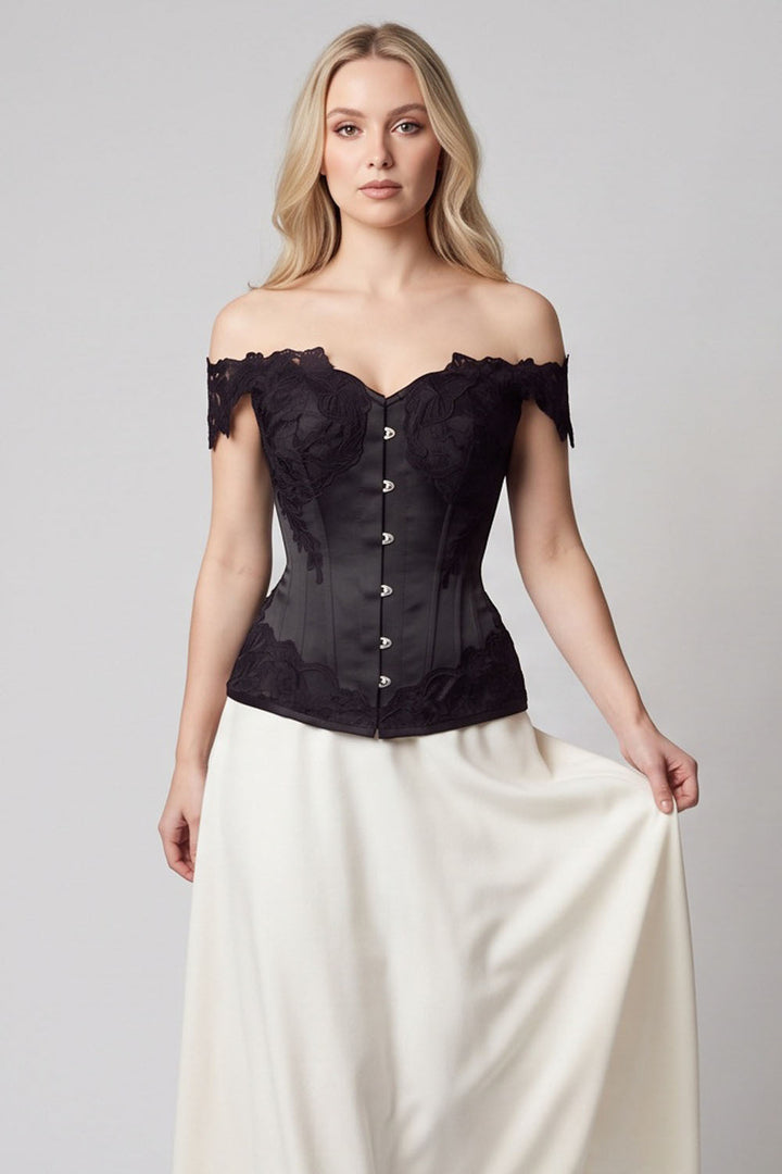OPHELIA Off—Shoulder Overbust Corset in Blush Pink on model — front view