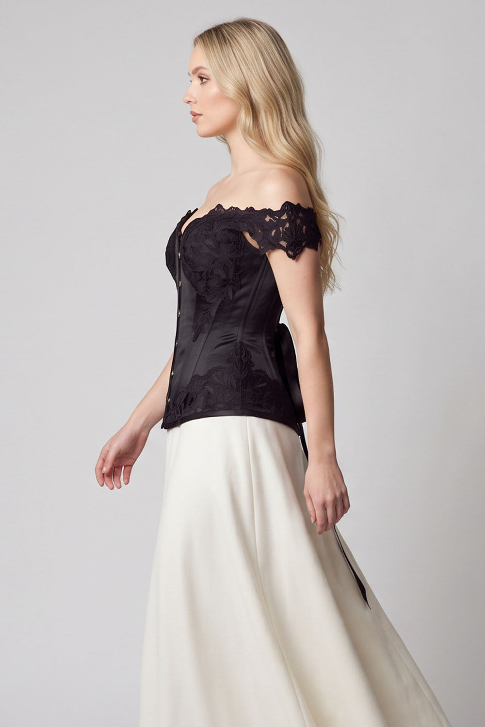 OPHELIA Off—Shoulder Overbust Corset in Blush Pink on model — side view