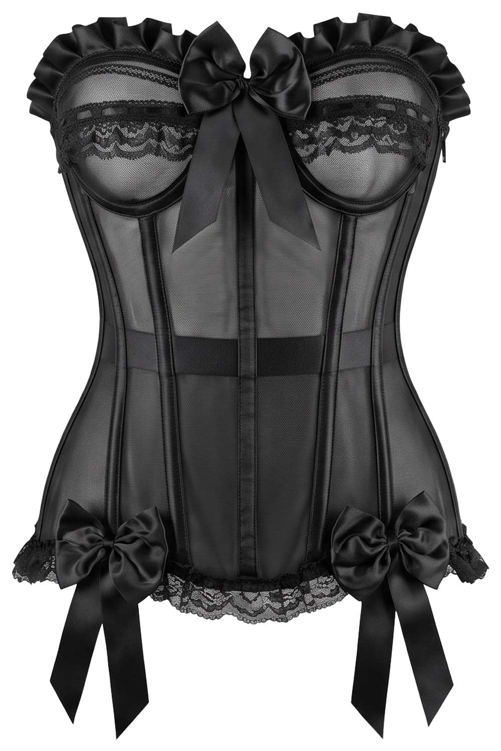 VIVIEN Mesh with Satin Burlesque Overbust Corset CWL—1784 by Luxe Noir — front view
