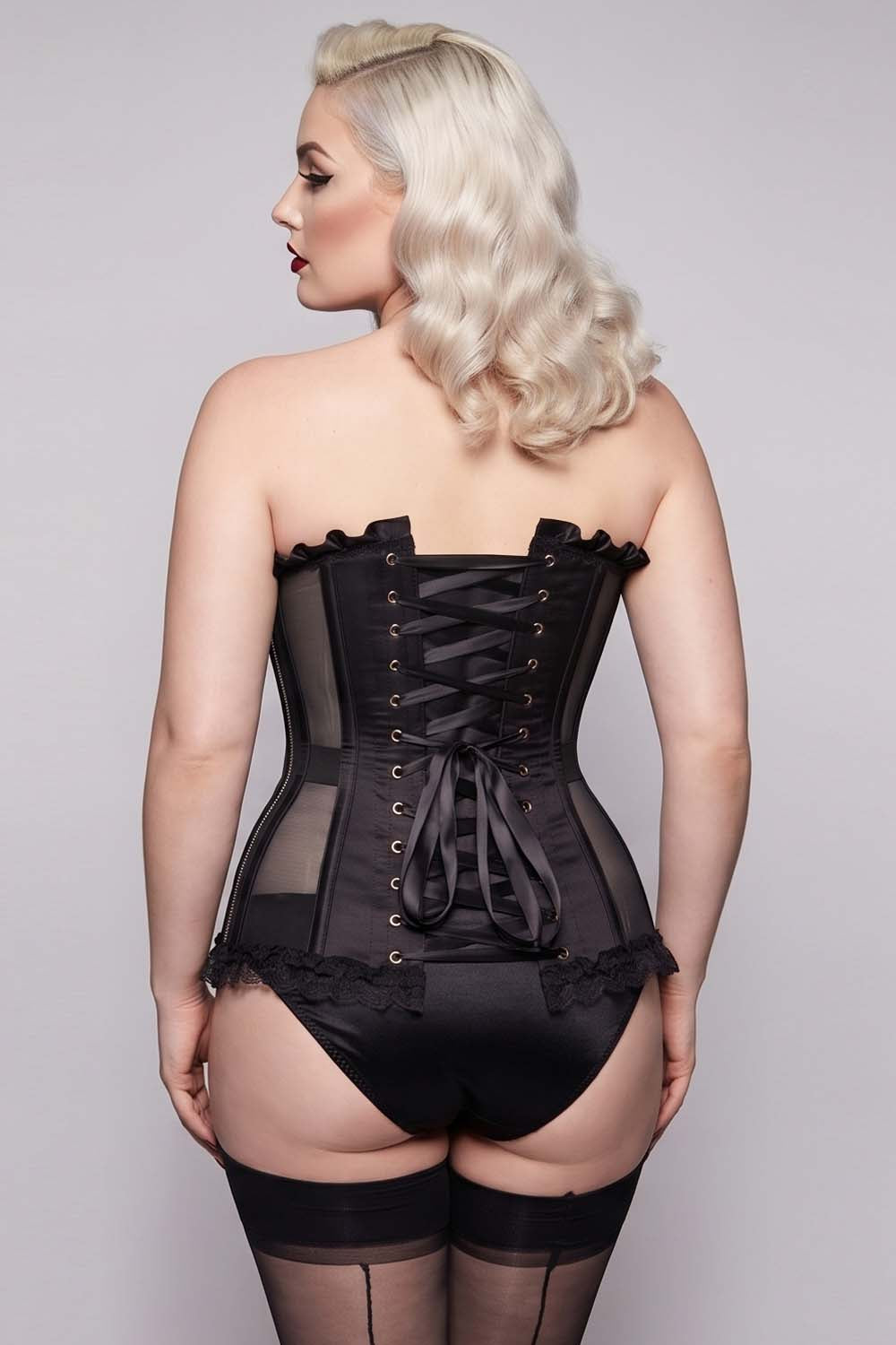VIVIEN Mesh &amp; Sequin with Satin Burlesque Overbust Corset CWL—1778 on model — back view