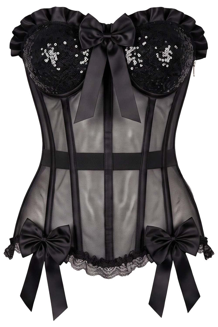 VIVIEN Mesh &amp; Sequin with Satin Burlesque Overbust Corset CWL—1778 by Luxe Noir — front view