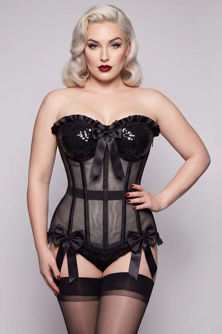 VIVIEN Mesh &amp; Sequin with Satin Burlesque Overbust Corset CWL—1778 on model — front view