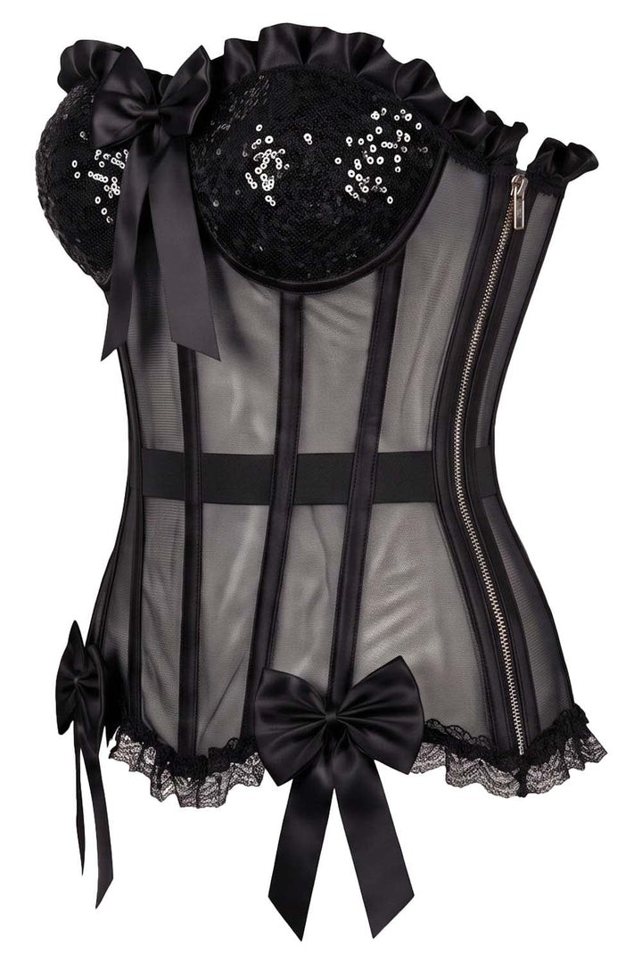 VIVIEN Mesh &amp; Sequin with Satin Burlesque Overbust Corset CWL—1778 by Luxe Noir — side view