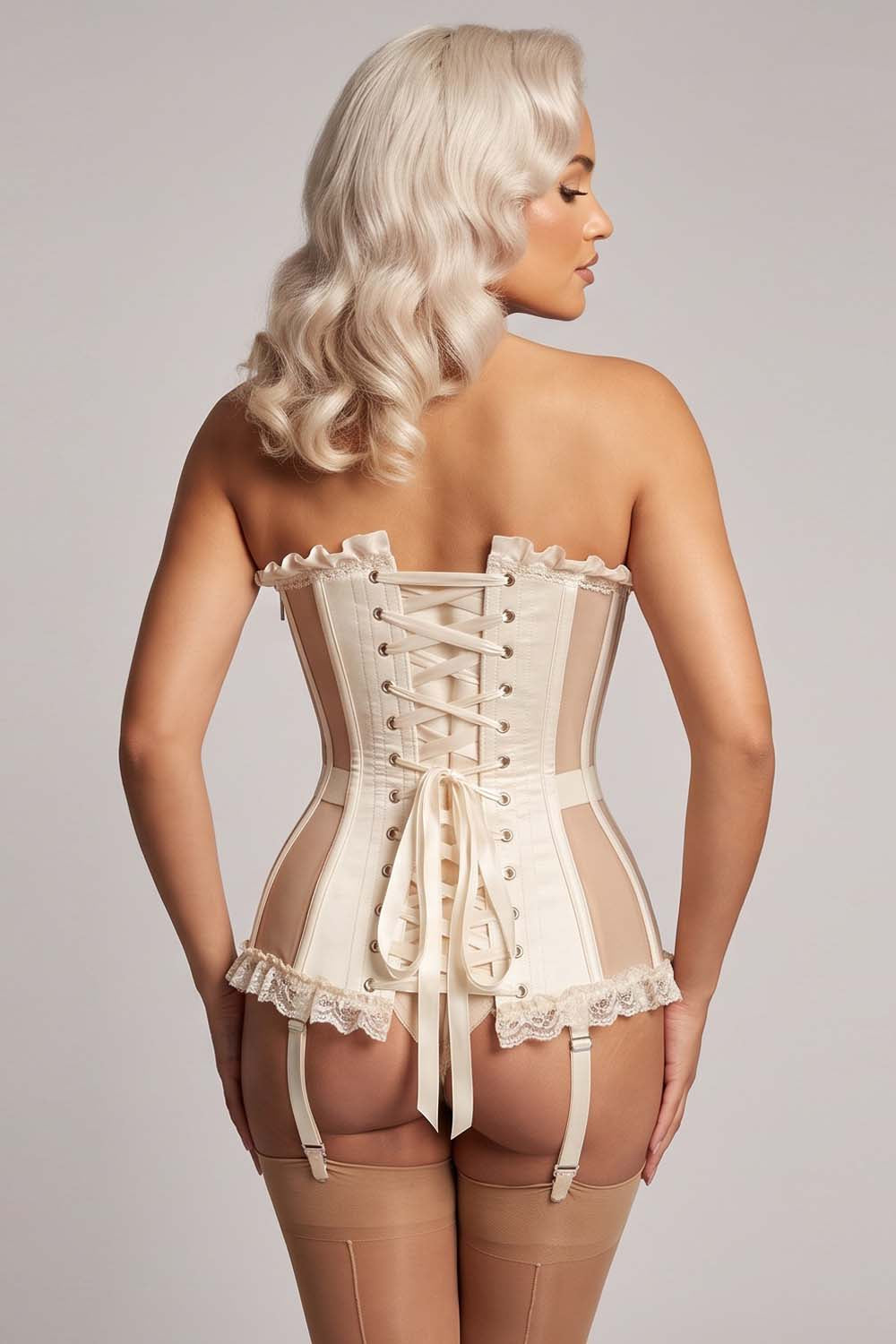 VIVIEN Mesh &amp; Sequin with Satin Burlesque Overbust Corset CWL—1779 on model — back view