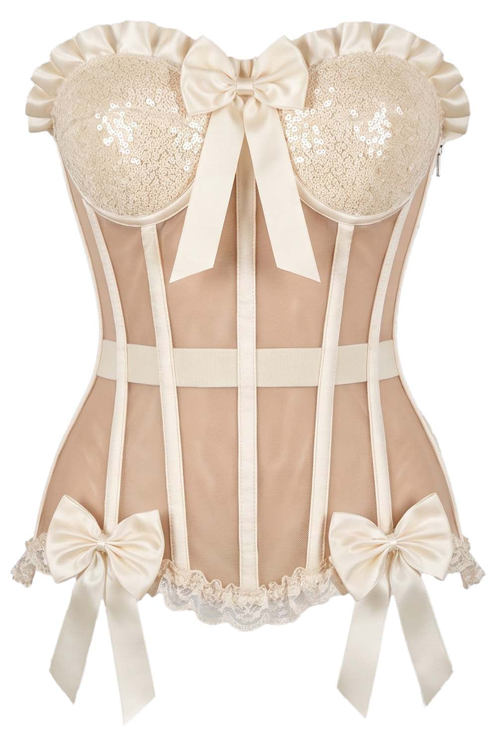 VIVIEN Mesh &amp; Sequin with Satin Burlesque Overbust Corset CWL—1779 by Luxe Noir — front view
