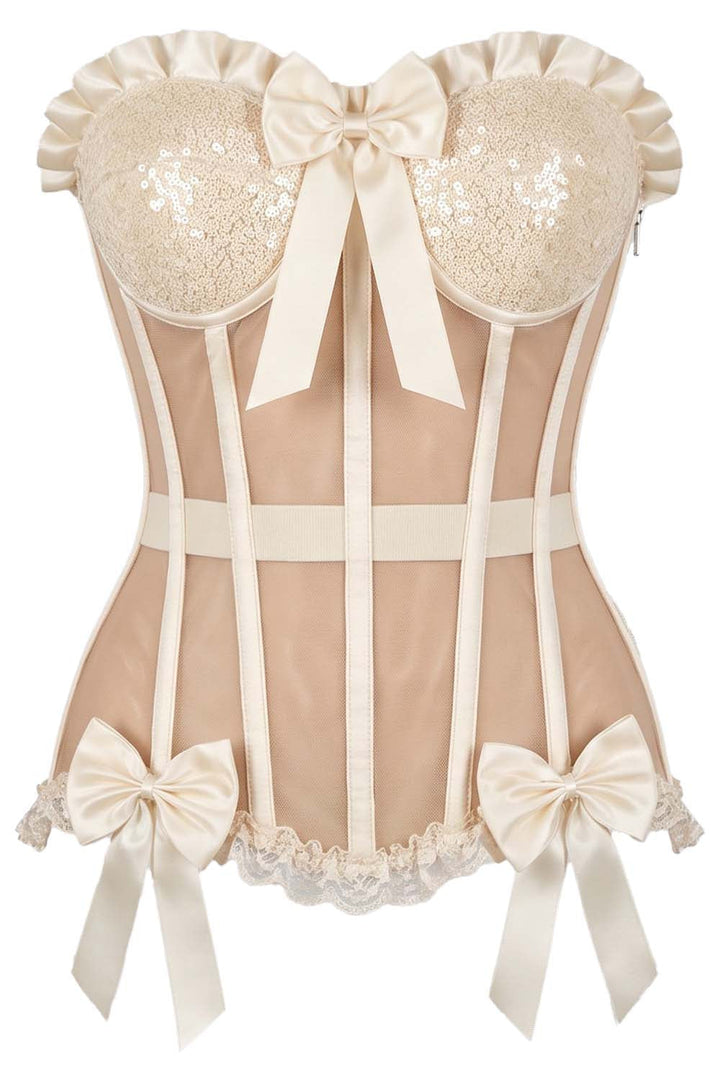 VIVIEN Mesh &amp; Sequin with Satin Burlesque Overbust Corset CWL—1779 by Luxe Noir — front view