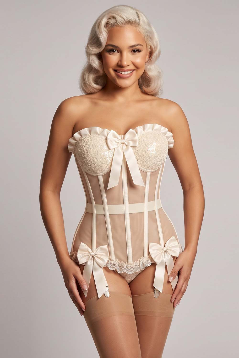 VIVIEN Mesh & Sequin with Satin Burlesque Overbust Corset CWL—1779 on model — front view