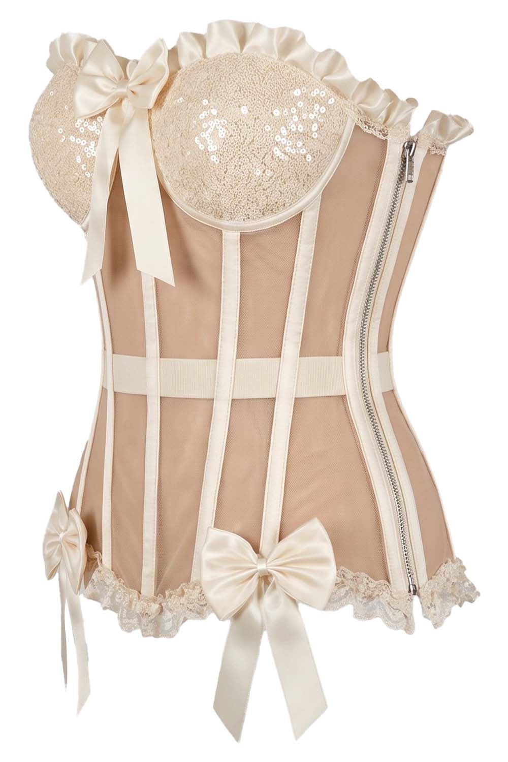 VIVIEN Mesh &amp; Sequin with Satin Burlesque Overbust Corset CWL—1779 by Luxe Noir — side view