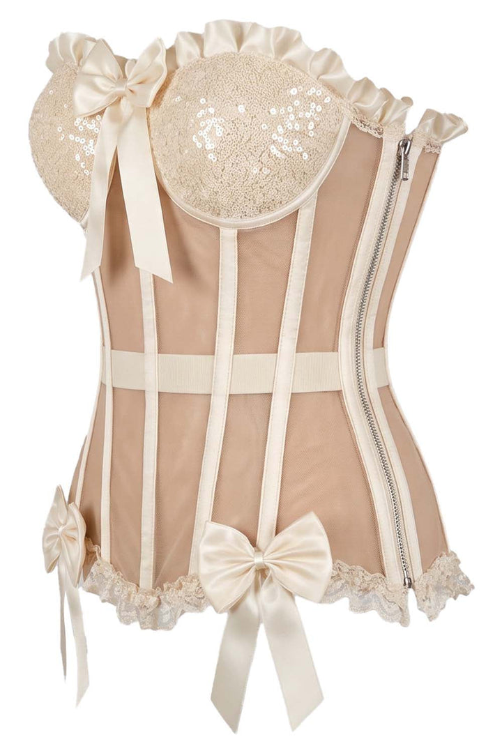 VIVIEN Mesh &amp; Sequin with Satin Burlesque Overbust Corset CWL—1779 by Luxe Noir — side view