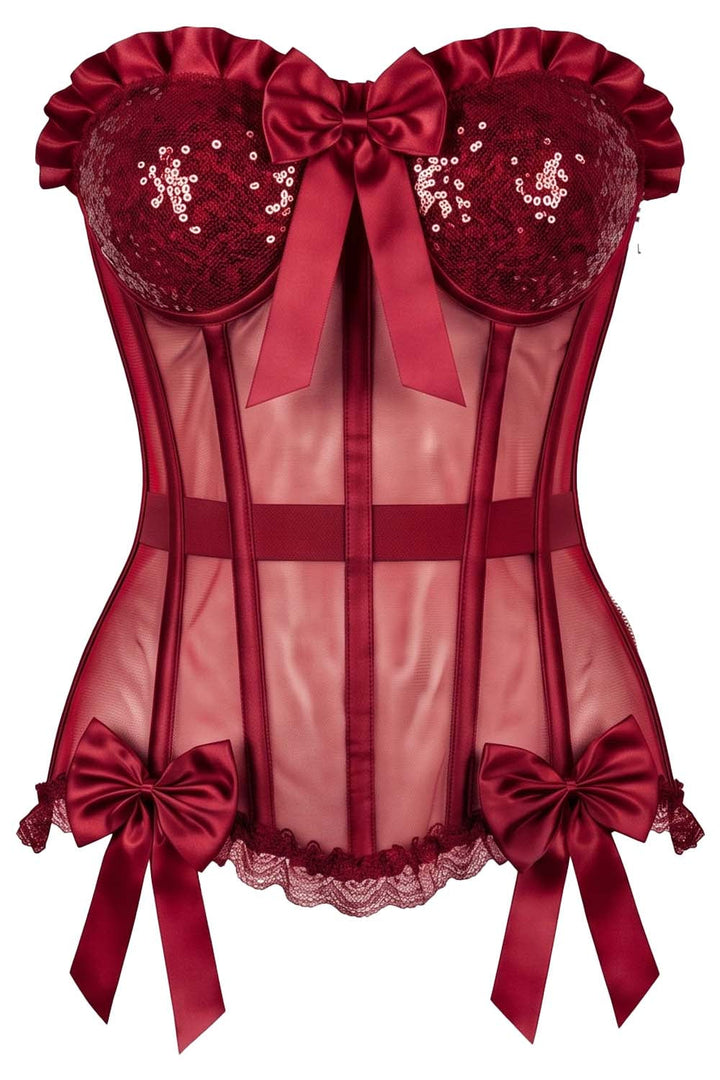 VIVIEN Mesh &amp; Sequin with Satin Burlesque Overbust Corset CWL—1781 by Luxe Noir — front view