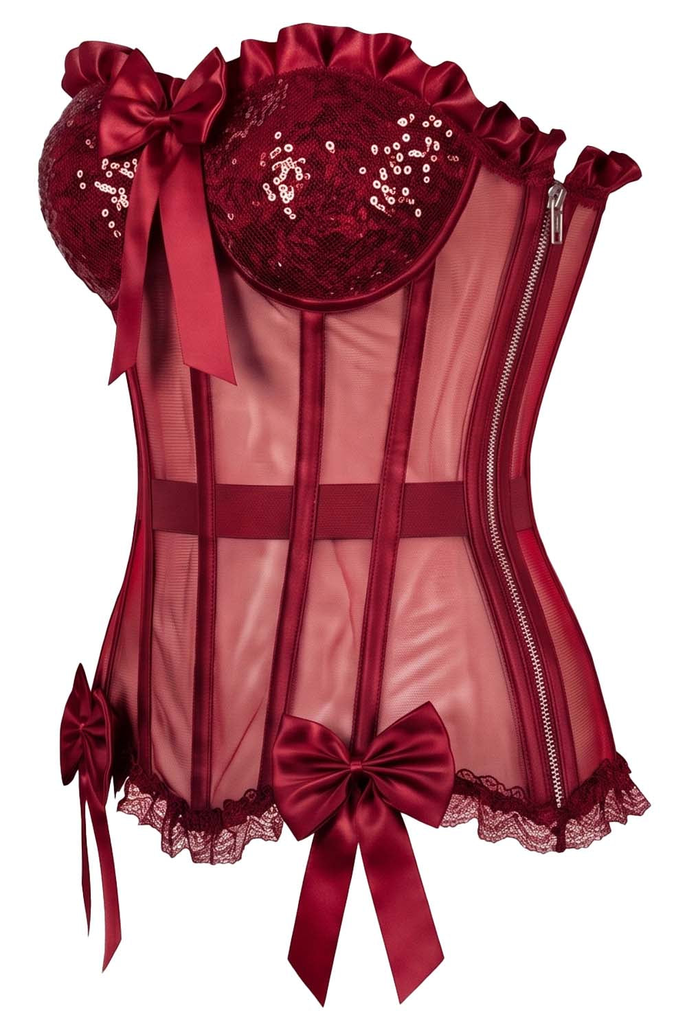 VIVIEN Mesh &amp; Sequin with Satin Burlesque Overbust Corset CWL—1781 by Luxe Noir — side view