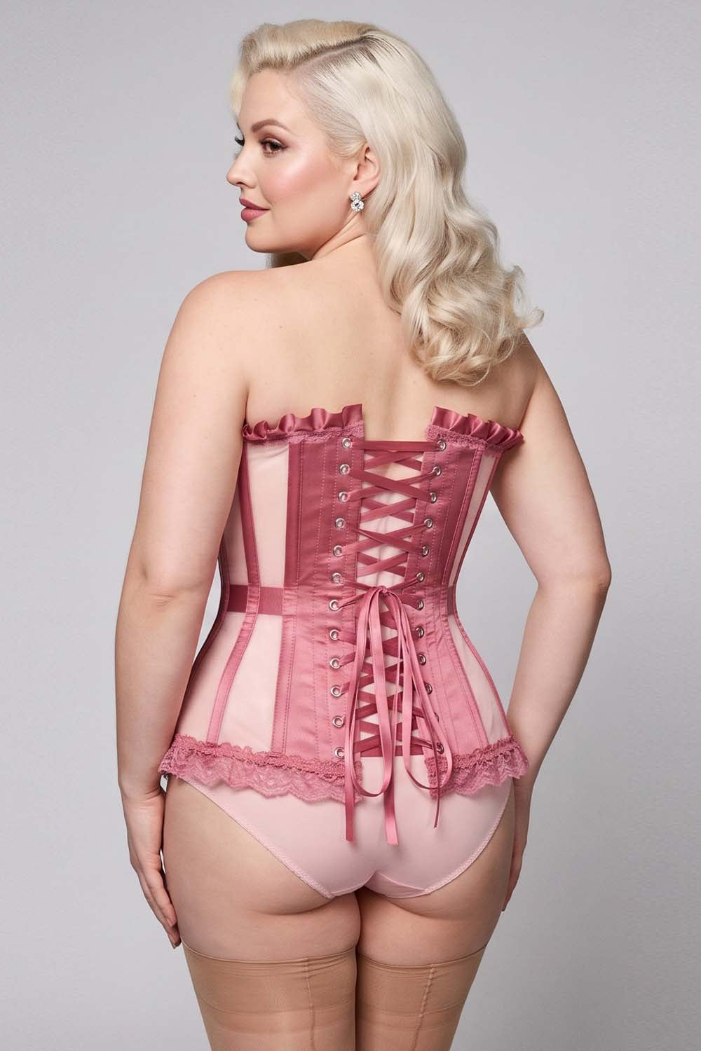 VIVIEN Mesh &amp; Sequin with Satin Burlesque Overbust Corset CWL—1782 on model — back view