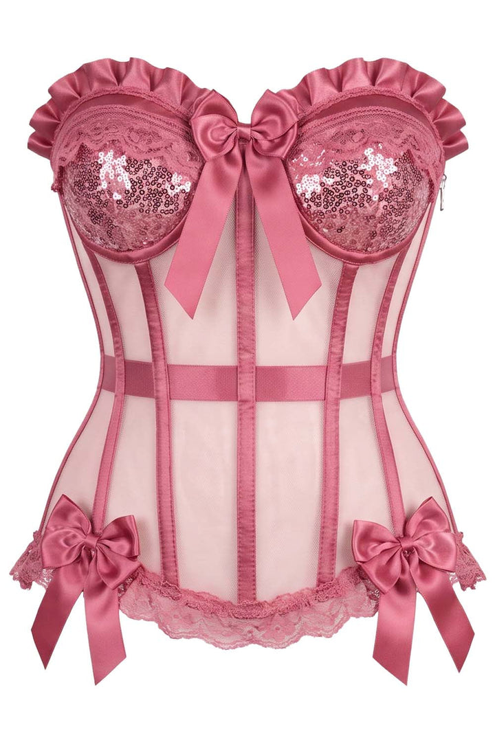 VIVIEN Mesh &amp; Sequin with Satin Burlesque Overbust Corset CWL—1782 by Luxe Noir — front view