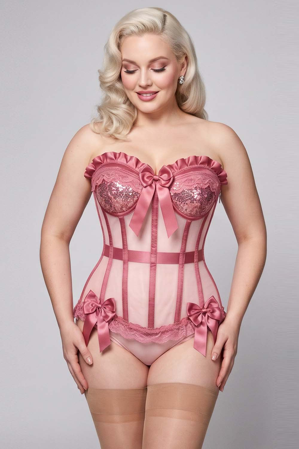 VIVIEN Mesh & Sequin with Satin Burlesque Overbust Corset CWL—1782 on model — front view