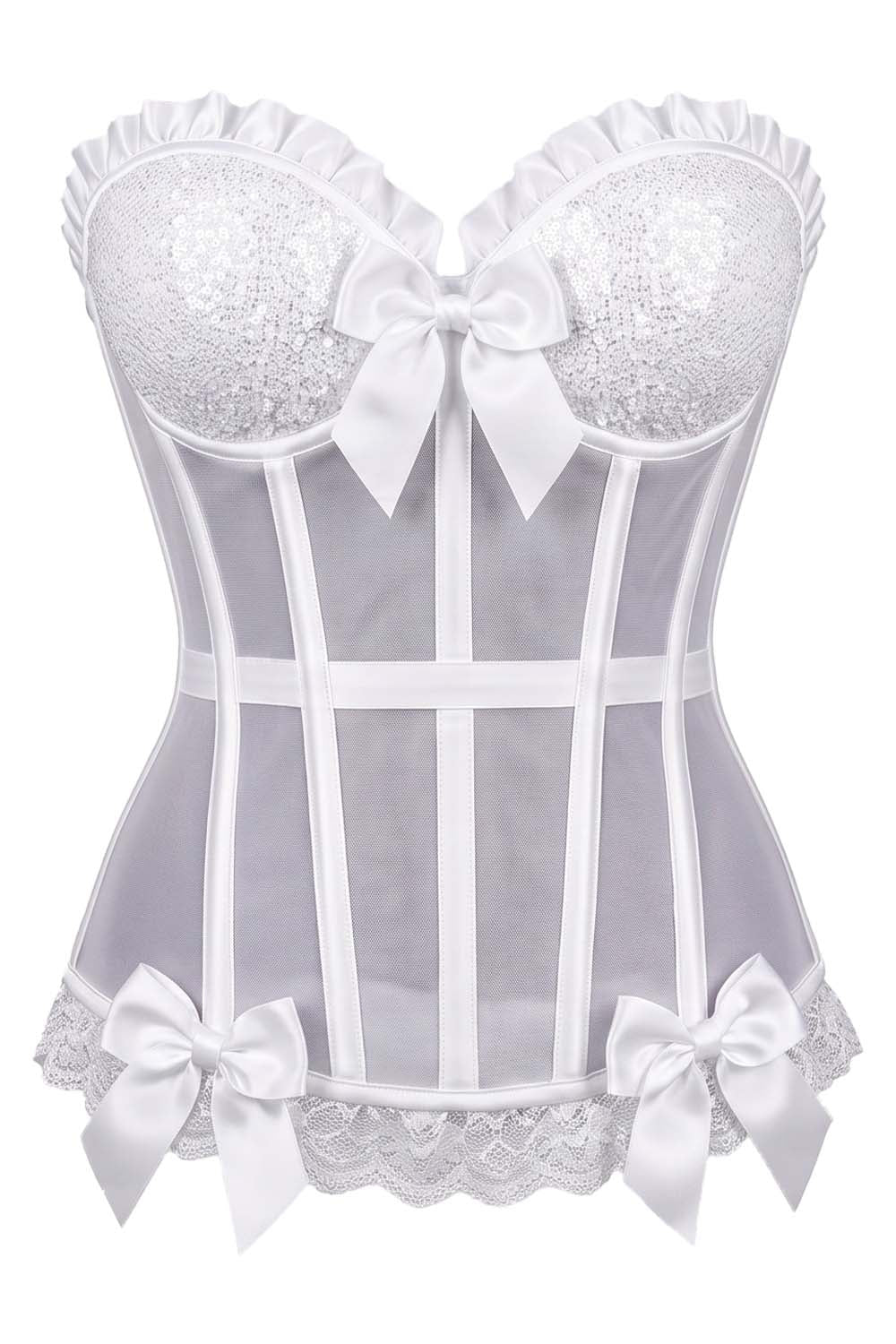 VIVIEN Mesh &amp; Sequin with Satin Burlesque Overbust Corset CWL—1783 by Luxe Noir — front view