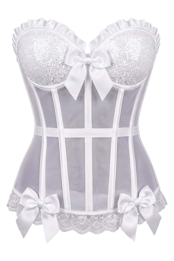 VIVIEN Mesh &amp; Sequin with Satin Burlesque Overbust Corset CWL—1783 by Luxe Noir — front view