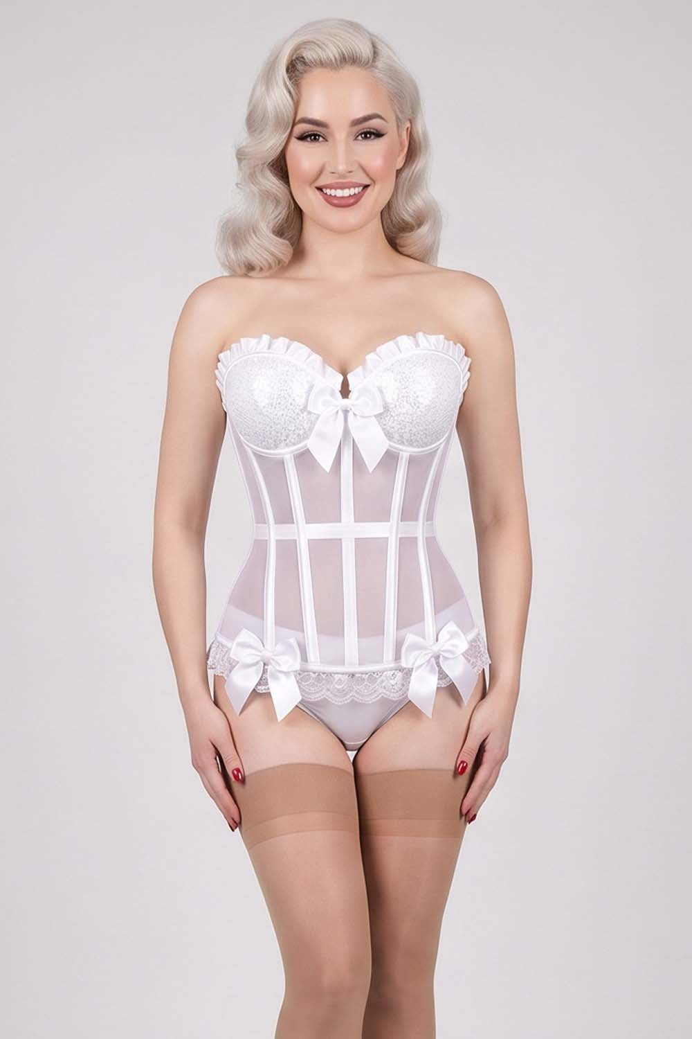 VIVIEN Mesh & Sequin with Satin Burlesque Overbust Corset CWL—1783 on model — front view
