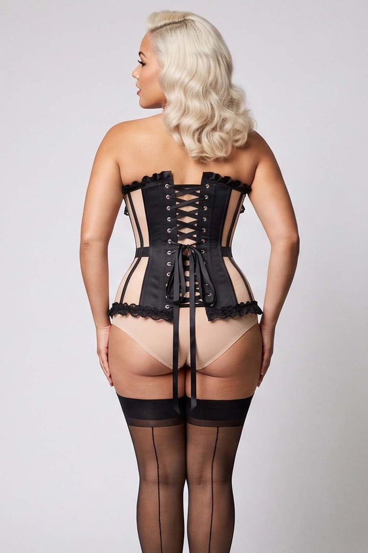 VIVIEN Mesh &amp; Sequin with Satin Burlesque Overbust Corset CWL—1785 on model — back view