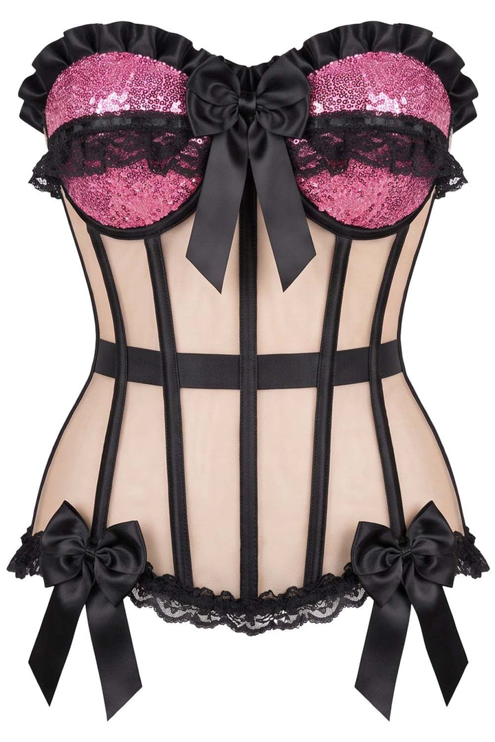 VIVIEN Mesh &amp; Sequin with Satin Burlesque Overbust Corset CWL—1785 by Luxe Noir — front view
