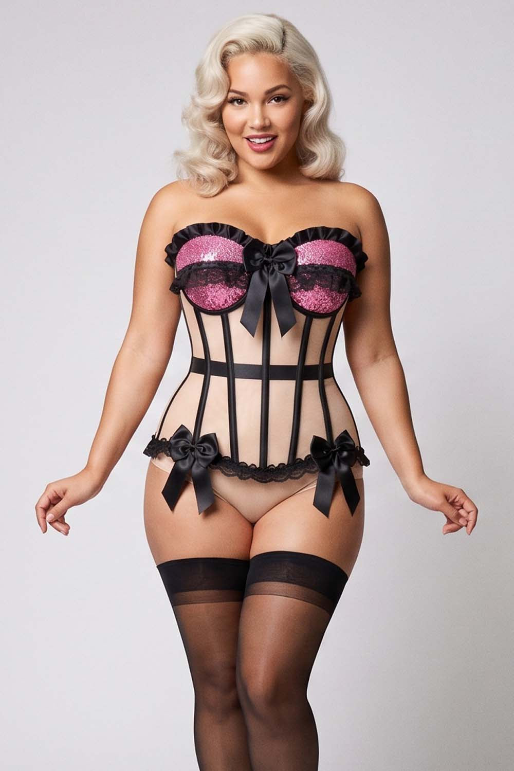 VIVIEN Mesh & Sequin with Satin Burlesque Overbust Corset CWL—1785 on model — front view
