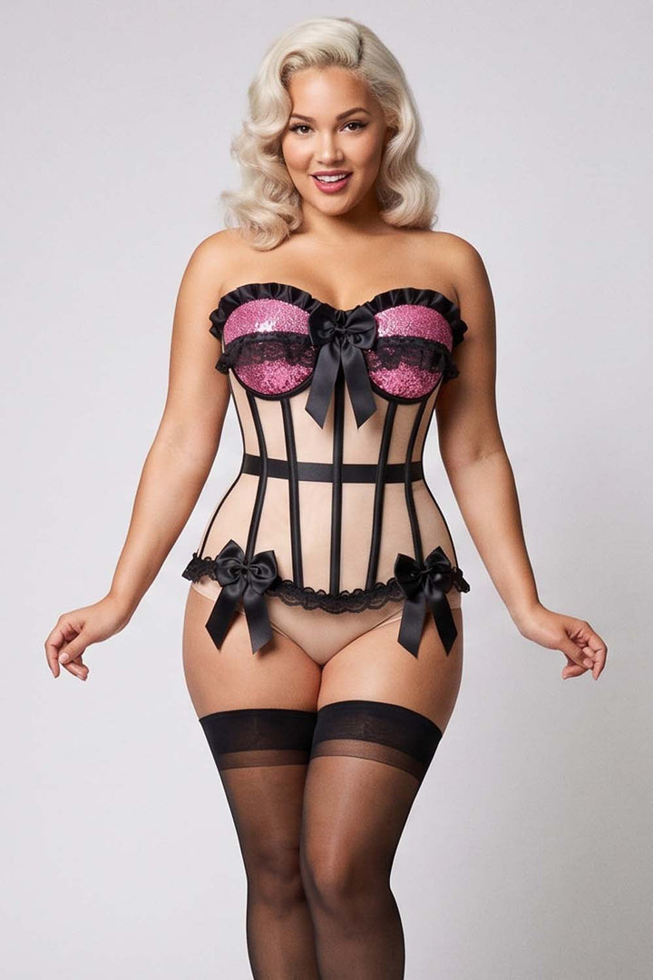 VIVIEN Mesh &amp; Sequin with Satin Burlesque Overbust Corset CWL—1785 on model — front view