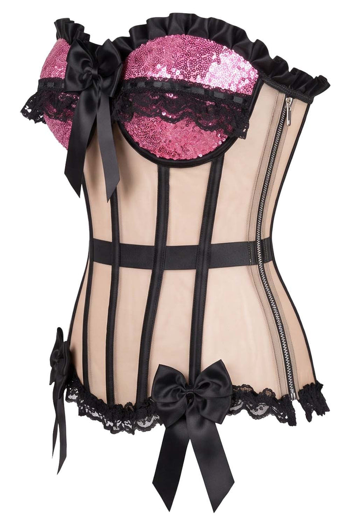 VIVIEN Mesh &amp; Sequin with Satin Burlesque Overbust Corset CWL—1785 by Luxe Noir — side view